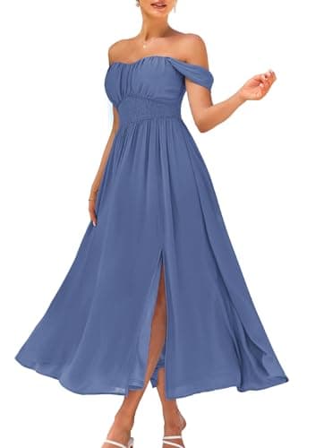 GRACE KARIN Summer Blue Gray Dress for Women 2026,Off the Shoulder Smocked Bridesmaid Dresses,Formal Baby Shower Maxi Dresses S - Image 1