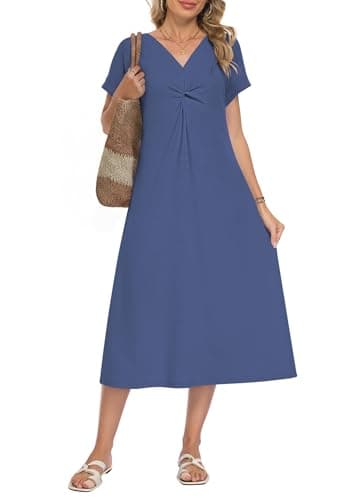 WNEEDU Women Summer Midi Dress Twist Front V Neck Short Sleeve Loose Casual Pockets,Beja Blue,2XL - Image 1