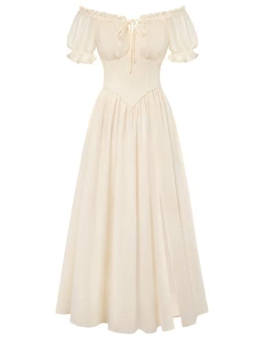 Scarlet Darkness Corset Dress for Women Off Shoulder Renaissance Costume Short Sleeve Milkmaid Dresses with Pockets Beige - Image 1