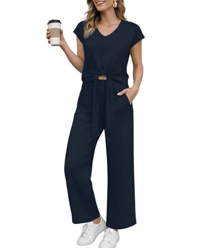 KUOTAI Women's 2 Piece Matching Pant Set V Neck Cap Sleeve Tie Front Top Wide Leg Pants with Pockets Elastic Waist Summer Outfits, Navy Blue, Medium - Image 1