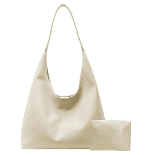 JueiXeoy Leather Hobo Bags for Women Slouchy Tote Bag Retro PU Leather Purse Soft Shoulder Handbags Large Work Tote Bag 2pcs Beige - Image 1