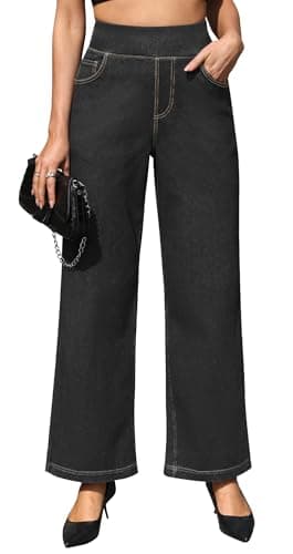 AVAMO Stretchy Jeans Wide Leg Jeans for Women Trendy Pull On High Waist Tummy Control Sweatpant Jean Denim Pants with Pockets Black - Image 1