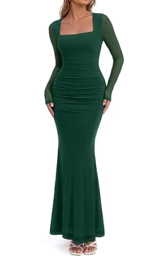 BTFBM Women's Maxi Dresses Fall 2026 Long Sleeve Ruched Bodycon Dress Square Neck Cocktail Party Wedding Guest Dresses(Dark Green,Medium) - Image 1