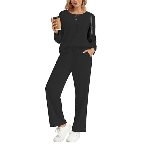 MAGICATELIER Women 2 Piece Matching Lounge Sets Long Sleeve Top Wide Leg Pants Pockets Travel Sweatsuit Casual Tracksuit - Image 1