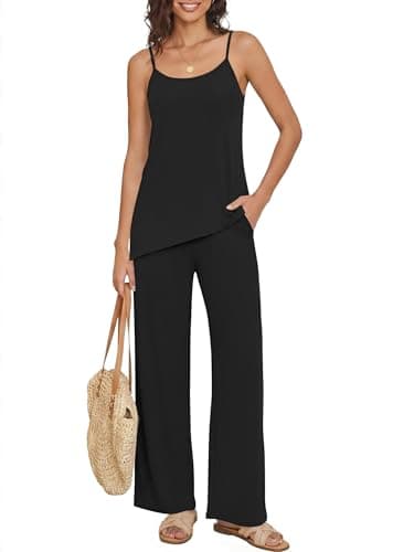 Casly Lamiit Womens Lounge Set 2 Piece Summer Outfits Spaghetti Strap Tank Top Wide Leg Pants Matching Sets Black M - Image 1