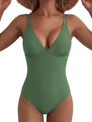 ZAFUL Swim Suits for Women 2026 Sexy One Piece Bathing Suit Cheeky Slimming Push Up Tummy Control Swimsuits Deep V Neck High Cut Beach Swimwear Double Straps Cross Back Tie Romper Swimsuits Green M - Image 1