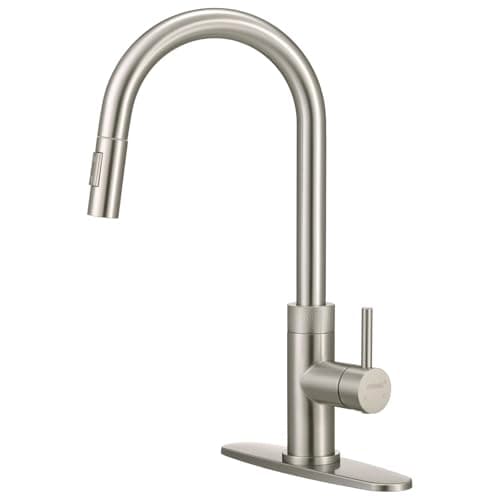 JOINMIX Brushed Nickel Kitchen Faucet with Pull Down Sprayer, Patented Above-Counter Install, Modern Single Handle High Arc Stainless Steel Sink Faucet with Deck Plate for 1 or 3 Hole Sinks - Image 1