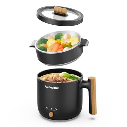 Audecook Hot Pot Electric with Steamer, 1.8L Portable Mini Travel Cooker, Multifunctional Non-Stick Electric Skillet for Stir Fry/Stew/Steam, Perfect for Ramen Noodles/Pasta/Egg/Soup/Oatmeal(Black)