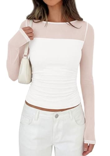 PRETTYGARDEN Women's 2026 Fall Long Sleeve T Shirts Sheer Mesh Boat Neck Ruched Fitted Going Out Summer Tops Fashion Clothing (White,XX-Large) - Image 1