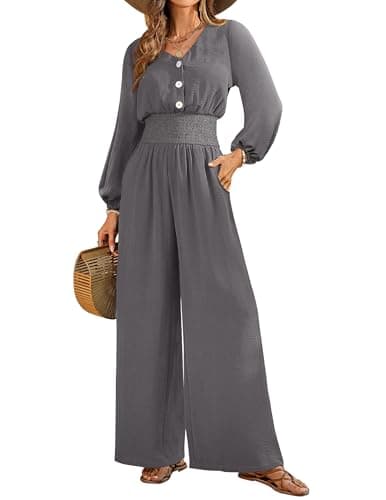 LOOKBOHO Womens Jumpsuits Dressy Casual Long Sleeve 2026 Fall V Neck High Waist Wide Leg Romper One Piece Outfits With Pockets Grey XL - Image 1