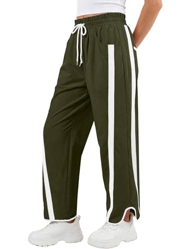 ANRABESS Women Track Pants Casual Drawstring Waist Lightweight Baggy Contrast Color Workout Barrel Leg Pants with Pockets Army Green Medium - Image 1