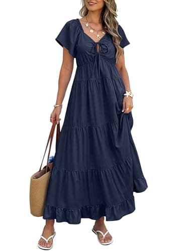 ECOWISH Womens Summer Maxi Dresses 2026 Casual Flutter Sleeve V Neck Tie Front Wedding Guest Vacation Flowy Long Dress with Pocket Navy Blue Medium - Image 1