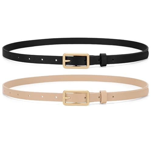 WHIPPY 2 Pack Women Skinny Leather Belts Ladies Thin Waist Belt for Jeans Pants Dresses Rectangle Gold Buckle Black Belt, Black+Light Beige, XL - Image 1