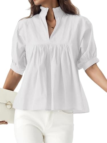 YIGAMA Womens Cotton Puff Sleeve Blouse V-Neck Pleated Peplum Babydoll Dressy Casual Shirts White - Image 1