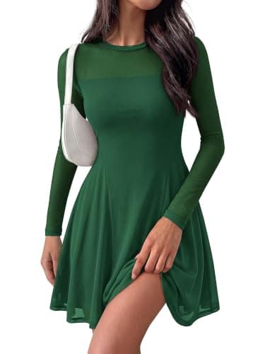 BTFBM Women’s Mini Dress Sheer Mesh Long Sleeve Flowy A Line Casual Cocktail Party Going Out Dresses 2026 Fall Fashion(Green, X-Large) - Image 1