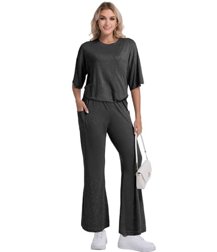 YOAKUKA Women's Two Piece Lounge Sets Loose Fit Short Sleeve Tops and Wide Leg Pants Casual Matching Travel Outfits Tracksuit - Image 1