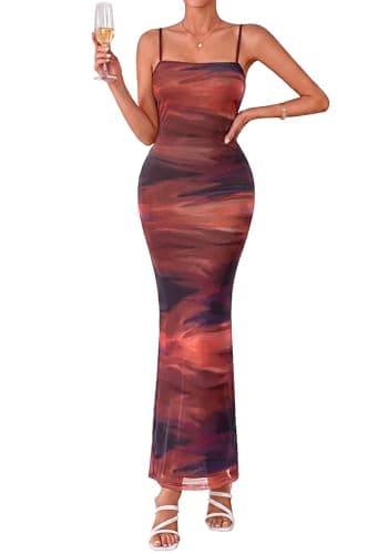 BTFBM Womens Summer Maxi Dress 2026 Floral Mesh Spaghetti Straps Sleeveless Sexy Bodycon Wedding Cocktail Party Dresses(Dark Red Print, XX-Large) - Image 1