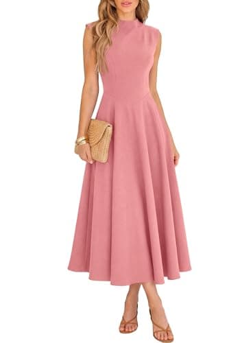 BTFBM Summer Dresses for Women 2026 Mock Neck Sleeveless High Waist Flowy Aline Maxi Spring Wedding Guest Dress Cocktail(Pink, X-Large) - Image 1