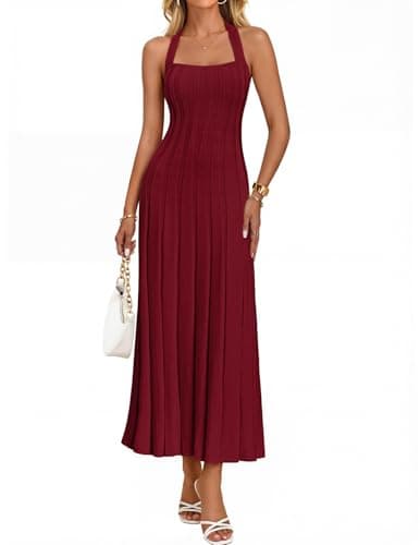 MEROKEETY Women's 2026 Spring Summer Sweater Dress Casual Halter Sleeveless Elegant Ribbed Knitted Bodycon Midi Dresses, Wine, Small - Image 1