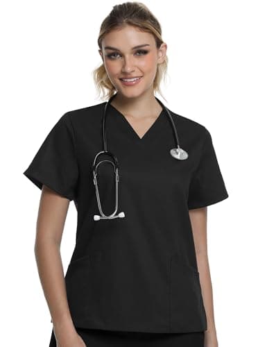 Scrubs for Women, Soft V-Neck Scrub Tops, Stretch and Wrinkle-Free Fabric with 2 Pockets, Breathable & Easy Care Black - Image 1