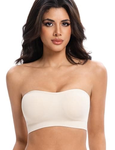 Lusait Strapless Bras for Women Non-Slip Seamless Padded Bandeau Bra Wireless Convertible Tube Top Bralette Beige M - Image 1