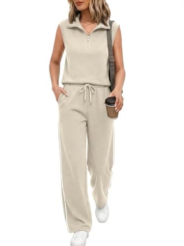 Casly Lamiit Womens 2 Piece Outfits for Women Quarter Zip Sleeveless V Neck Tank Top Sweatpant Travel Airport Clothing Set Sweatsuits Dark Beige M - Image 1