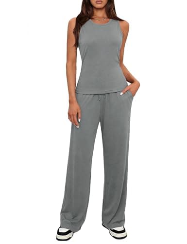Totatuit Women 2 Piece Sets Casual Lounge Matching Sets Crew Neck Vest Long Pants with Pockets Travel Beachwear Outfits - Image 1
