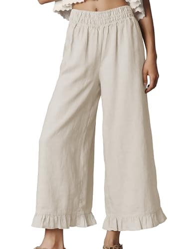Jianzhixiao Women's Wide Leg Pants High Waist Ruffle Hem Casual Loose Cropped Trousers Solid Color Lightweight Daily Lounge(Apricot-L) - Image 1