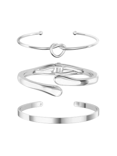 Poaiiu Silver Cuff Bangle Bracelet Set for Women, 3Pcs 14K Silver Plated Stackable Bracelets, Knot Hinged Open Cuff Layered Bracelet Stack, Platinum Look Trendy Cool Jewelry for Her Everyday Styling - Image 1