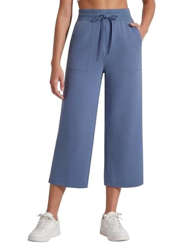 G4Free Travel Pants Women High Waisted Capri Pants with Pockets Drawstring Wide Leg Pajamas Lounge Casual Sweatpants(Denim Blue,L,Regular) - Image 1