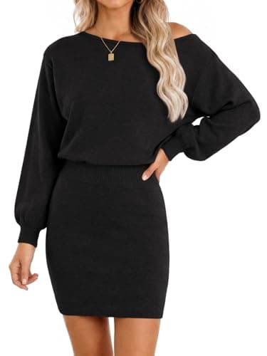 Wenrine Women Off the Shoulder Sweater Dress Long Sleeve Knit Mini Dresses - Image 1
