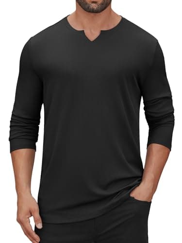 Hardaddy Men's V Neck Long Sleeve Ribbed Casual T-Shirt Classic Basic Solid Tee Shirts Black M - Image 1