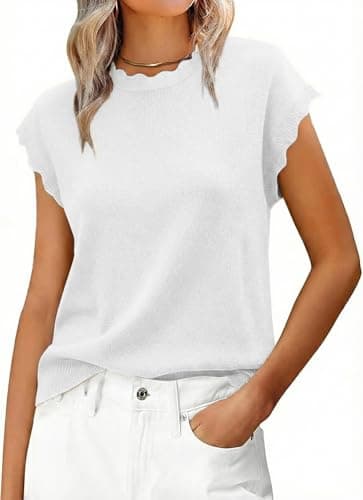 Jenisso Women Summer Sweater Cap Sleeve Lightweight Pullover Soft Knit Top with Scallop Wavy(White,S) - Image 1