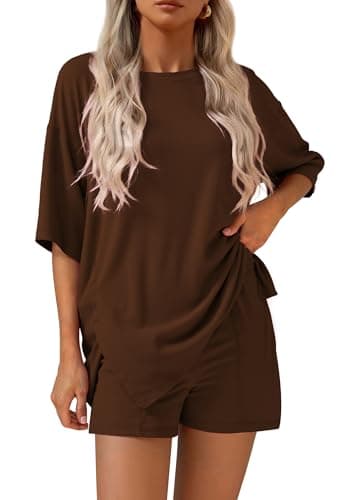 KIRUNDO 2 Piece Sets for Women Summer Lounge Sets Casual Oversized Tshirts Shorts Matching Airport Travel Outfits Postpartum(Light Coffee, X-Large) - Image 1