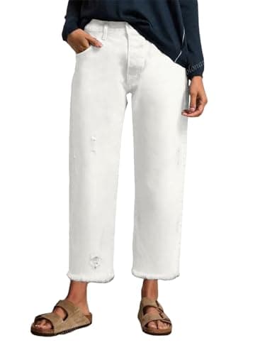EVALESS White Jeans Women Casual Stretchy Wahed Distressed Ripped Raw Hem Mid-Rise Zimbaplatinum Denim Pants Cropped Trousers Size 12 - Image 1