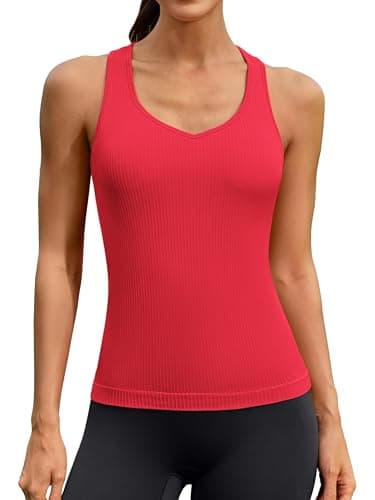 ATTRACO Ribflex Workout Top for Women with Built in Bra Yoga Racerback Tank Ribbed Fitness Red XL - Image 1