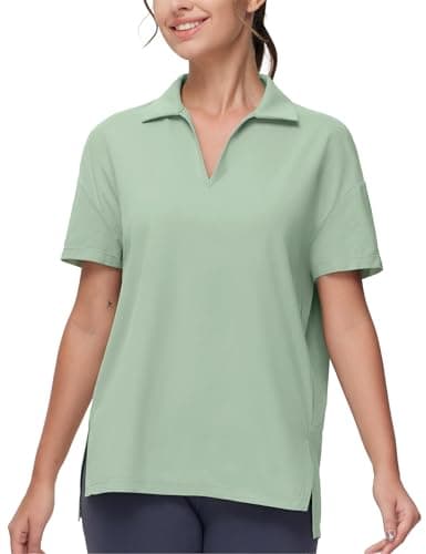 THE GYM PEOPLE Women's Loose fit Workout Polo Shirts Back Short Sleeve V Neck Tees Tops with Side Slits Light Green - Image 1