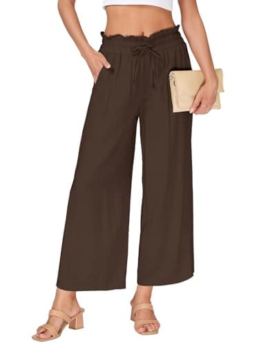 VUTRU Womens Wide Leg Casual Pants Summer High Waisted Elastic Business Beach Travel Lounge Linen Trousers with Pockets, Dark Brown M - Image 1