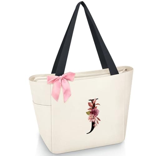 Vavabox Tote Bag, A-Z Initial Monogrammed Waterproof Tote Bag, Bridesmaid Gifts for Women, Black and Pink (J, Beige) - Image 1
