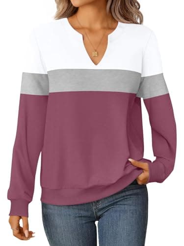 GKBK Womens Sweatshirts Long Sleeve Fall Tops Lightweight Color Block V Neck Cute Loose Casual Pullover - Image 1
