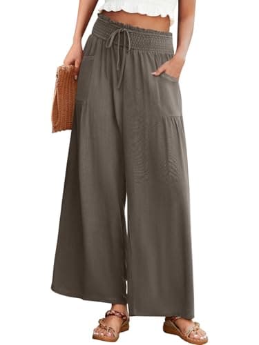 JUYUEO Linen Pants for Women 2026 Summer High Waisted Wide Leg Pants Casual Dressy Palazzo Beach Boho Pants Coffee L - Image 1