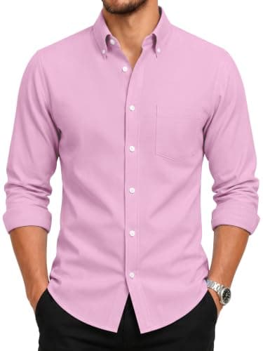 GIANZEN Pink Dress Shirt for Men Button Up Light Mens Shirts Long Sleeve Men's Down Oxford Collared Casual Big and Tall Pink Size L - Image 1