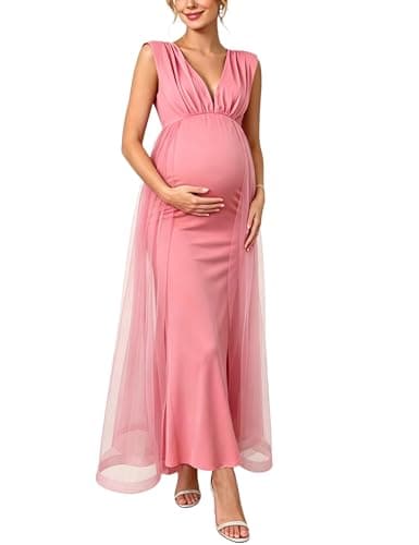 Yissang Maternity Photoshoot Dress Sleeveless V-Neck Open Back Tulle Overlay Gown for Baby Shower Pink - Image 1