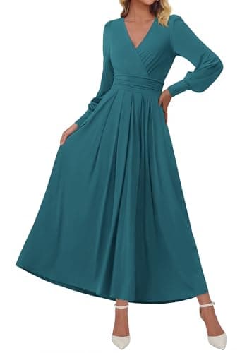 BTFBM Womens Long Sleeve Maxi Dress Fall 2025 Casual V Neck Knit A Line Flowy Pockets Elegant Party Wedding Guest Dresses(Teal, Small) - Image 1