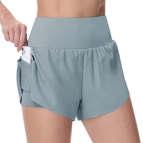 Women’s Quick Dry Running Shorts Mesh Liner High Waisted Tennis Workout Shorts Zipper Pockets (Small, Denim Blue) - Image 1