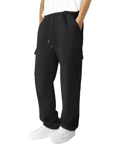 3rd hill Men's Fleece Cargo Sweatpants Loose Fit Cotton Joggers with 5 Pockets Open Bottom for Gym Hiking Casual Wear Black S - Image 1