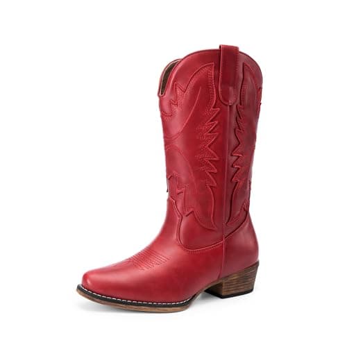 DREAM PAIRS Cowboy Boots for Women Cowgirl Western Mid Calf Boots Snip Toe Embroidered Stitched Low Chunky Heel Pull On Fashion Boots,Size 8,Red,SDMB25005W-2 - Image 1
