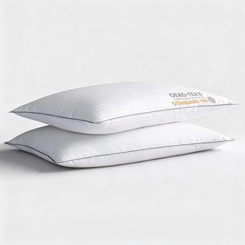 iFaon Ultra Thin Flat Soft Bed Pillows Standard Size Set of 2 Pack for Sleeping, Hypoallergenic Squishy Pillow for Stomach Back Sleeper, Machine Washable White Striped 20x26 inches - Image 1