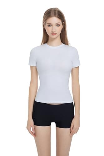 Women’s Slim Fitted Crew Neck T-Shirt Stretchy Cotton Y2K Short Sleeve Tees for Workout Basic Tees Going Out Tops White - Image 1