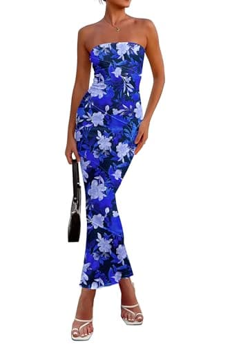 PRETTYGARDEN Women's 2026 Summer Floral Bodycon Maxi Dresses Ribbed Strapless Tube Casual Boho Party Long Dress (Floral Blue,Large) - Image 1